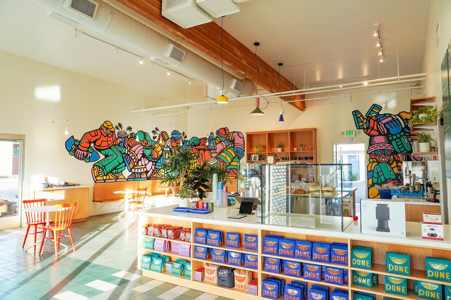 Wide angle view of Calle Real cafe at Dune Coffee Calle Real location in Santa Barbara, California